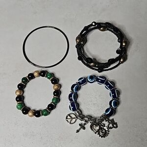 Bracelet Lot of 4: Navy Evil Eye Charm, Brass Memory Wire & Stacks